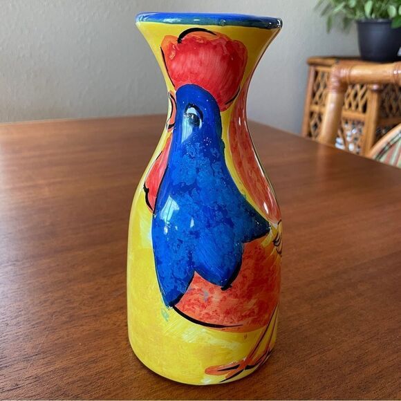Vintage Bellini PIU Made in Italy Rooster Ceramic Vase Yellow Orange Blue Green - Picture 3 of 11